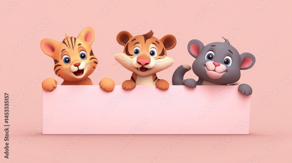 Naklejka premium Cute cartoon tigers and a mouse holding a blank sign