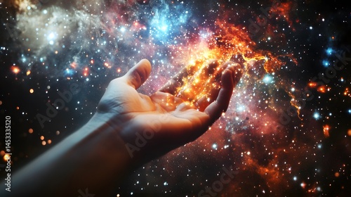Hand Reaching for the Edge of a Star Cluster: A hand reaching out to touch the edge of a dense star cluster, with brilliant stars of different colors. 
