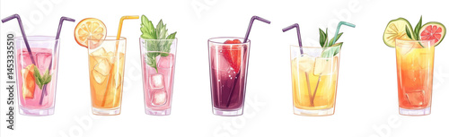 Colorful Cocktails Watercolor Illustration with Fruit and Straws