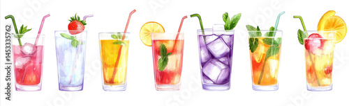 Refreshing Summer Drinks Watercolor Illustration on White Background