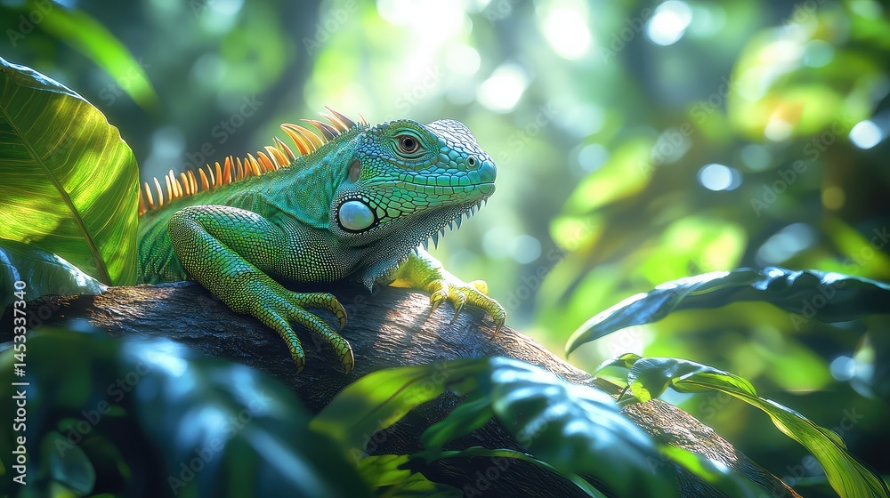 Fototapeta premium Green Iguana in Lush Jungle.