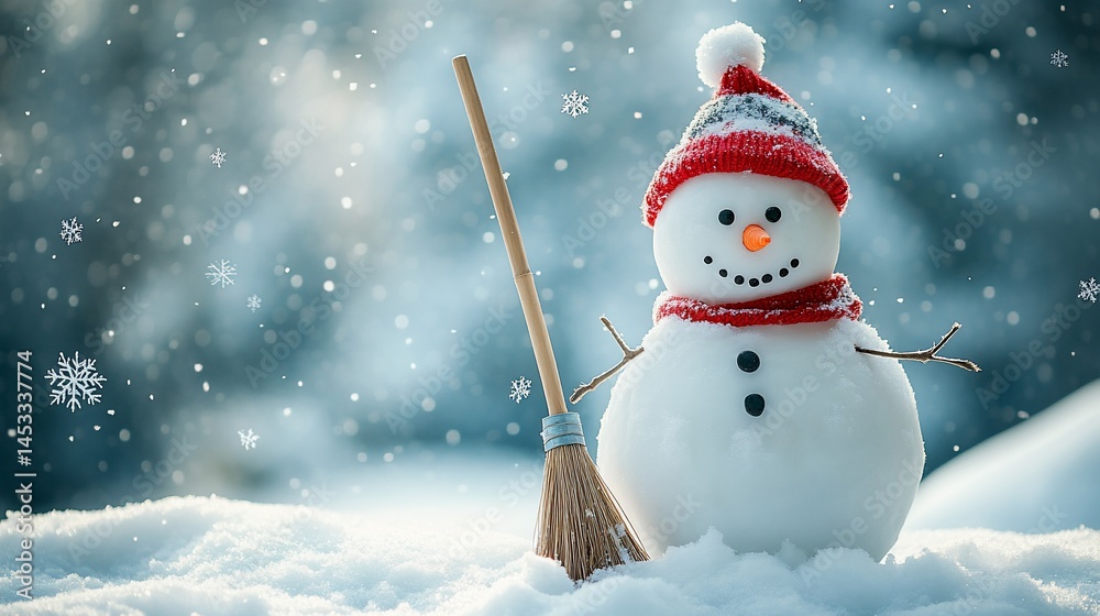 Fototapeta premium Snowman standing holding broom in snowy field, bokeh tree background, winter day