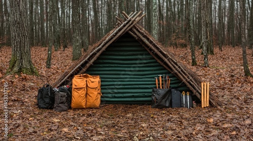 Rustic Survival Shelter Surrounded by Autumn Forest Background