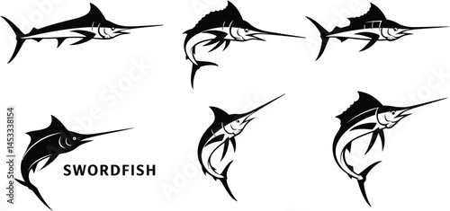 Swordfish silhouette collection with various swimming and jumping poses in black vector illustration 