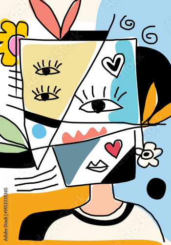Colorful abstract cubism-style portrait illustration featuring multiple eyes, expressive shapes, and bold lines.