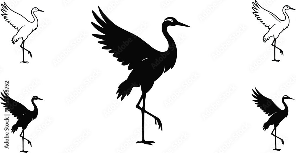 Fototapeta premium Silhouettes of cranes in various poses vector illustration black and white minimal design