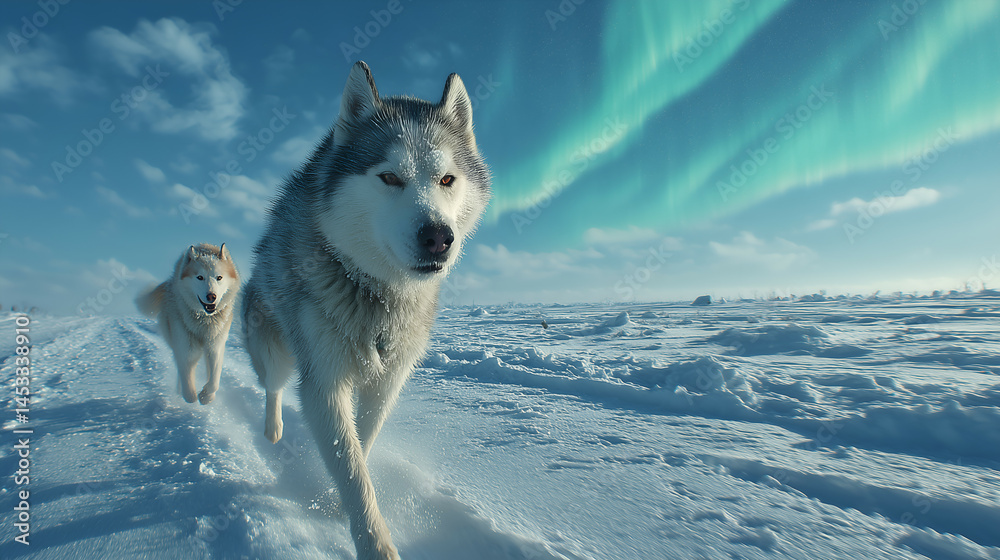 Fototapeta premium Majestic Arctic Wolf Running in Snowy Winter Landscape – Explore the Powerful Wildlife in Remote Siberian Nature