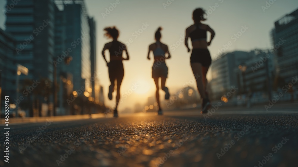 Obraz premium Three East Asian runners jogging together on a clean city street during golden hour, viewed from above with natural motion, soft light, minimalist outfits, and a calm cinematic atmosphere