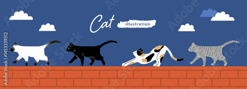 塀の上を歩いている猫たちのイラスト