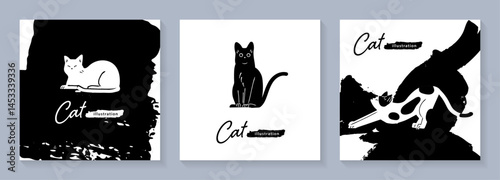 モノクロの猫のイラストセット
