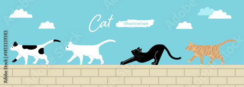 塀の上を歩いている猫たちのイラスト2