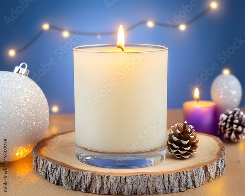 A lit ivory candle in a glass jar sits on a wooden slice, surrounded by festive ornaments, pine cones, and fairy lights against a blue backdrop