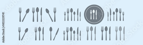  fork graphic design. Dinnerservice collection. Plate, fork and knife for apps and websites. Dinner service - stock vector.