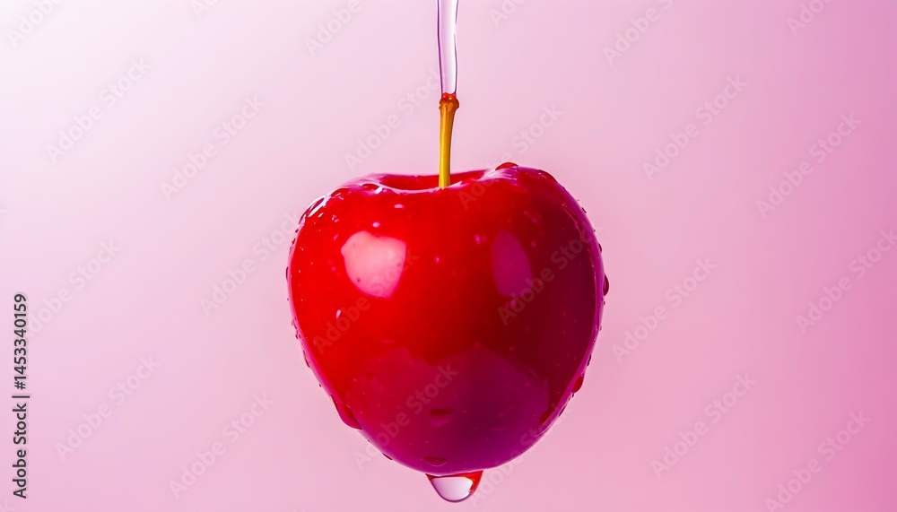 Obraz premium A single vibrant red cherry is suspended against a soft pink backdrop Water droplets cling to its surface and a thin