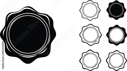 Vintage Style Wax Seal Stamp Illustration with Multiple Outline Variations in Black and White Vector Design 
