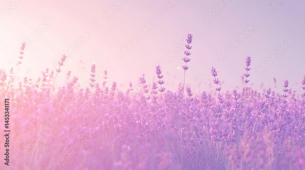 Dreamy Lavender Field with Soft, Blurry Background in Pastel Pink and Purple Hues Dreamy Lavender Field with Soft, Blurry Background in Pastel Pink and Purple Hues