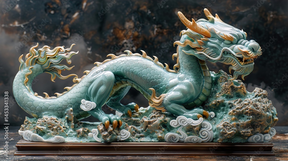 Obraz premium Detailed green dragon sculpture with golden accents on a dark background HD 8K wallpaper Photographic Image 