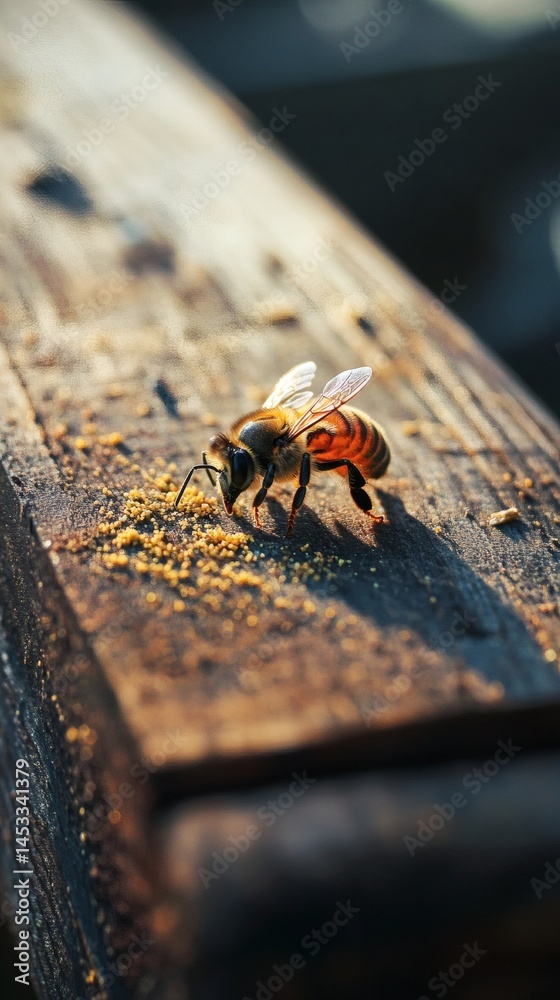 Obraz premium Honeybee foraging pollen on wood surface close up macro shot for apiculture and nature photography
