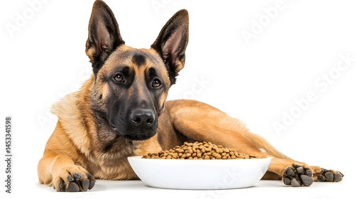 Belgian Malinois Dog Relaxing Beside Bowl of Dry Dog Food