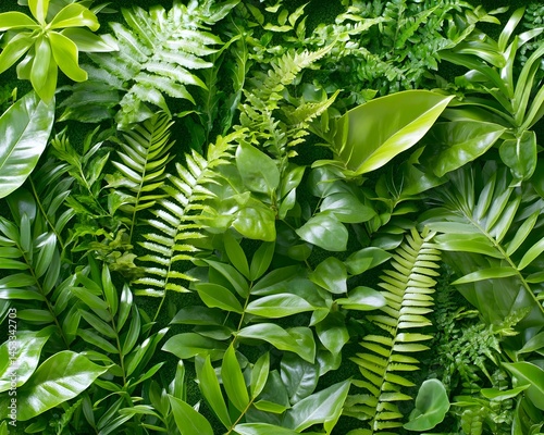 Lush green foliage diverse leaves and ferns vibrant natural texture