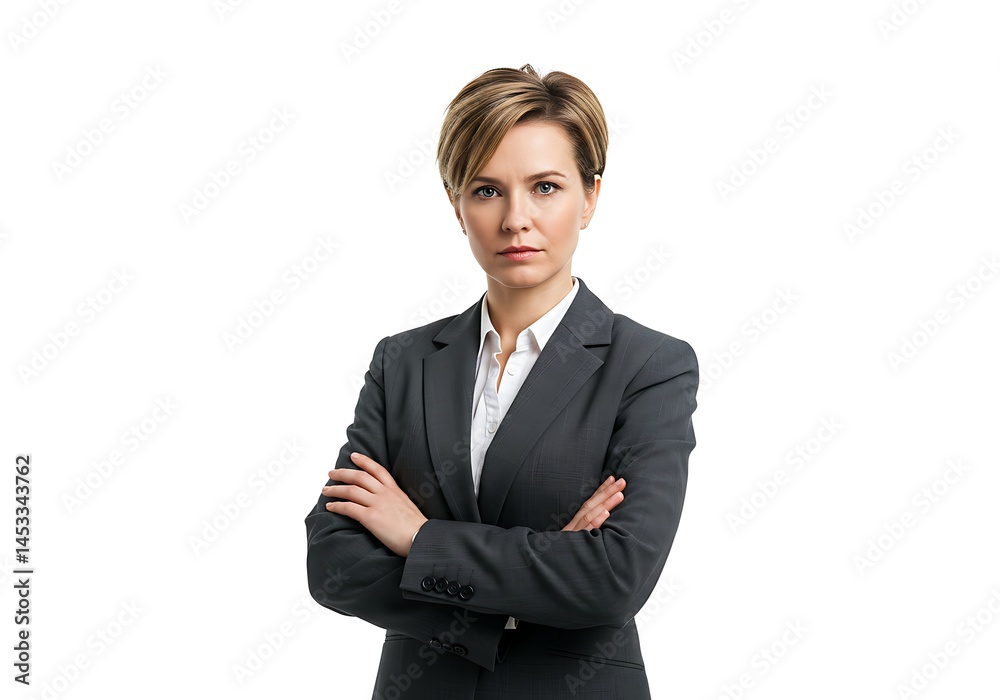 Portrait of a confident woman in a suit with arms crossed against a white studio background looking ahead Portrait of a confident woman in a suit with arms crossed against a white studio background looking ahead