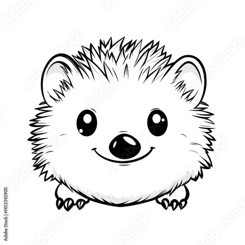 Cute and Playful Hedgehog Character with Spiky Fur, Smiling Expression in Black and White Illustration for Children’s Designs
