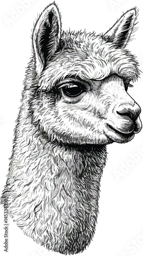 Three black and white hand drawn llama heads vector illustration with detailed fur and facial features for animal designs 