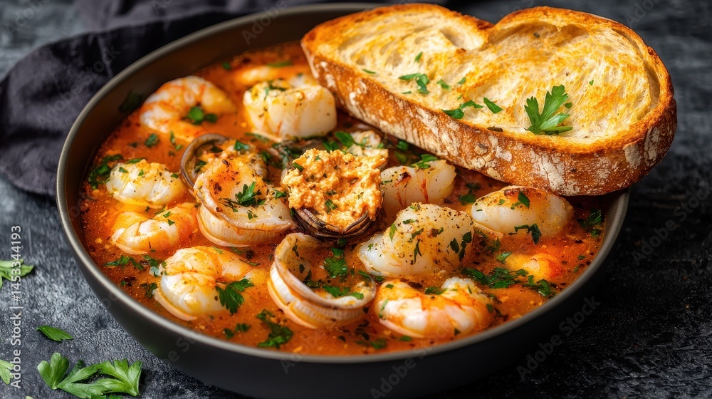 Delicious Seafood Soup with Shrimp and Toast Garnished with Parsley Delicious Seafood Soup with Shrimp and Toast Garnished with Parsley