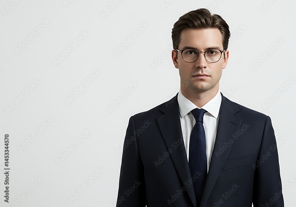 Portrait of a man in a suit and tie wearing glasses against a plain white background in studio light Portrait of a man in a suit and tie wearing glasses against a plain white background in studio light
