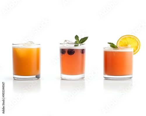 Three refreshing iced drinks in short glasses; one peach, one blackberry, and one citrus