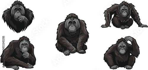 Chimpanzee silhouette set in various poses black vector illustration collection for wildlife design 