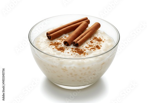 A clear bowl filled with rice pudding and cinnamon sticks on a white background in a studio shot
