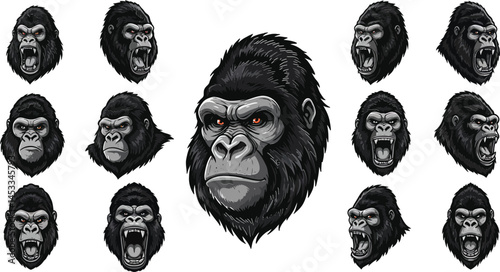 Gorilla head illustrations in detailed black and white vector style for animal wildlife design and nature themes  photo