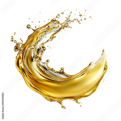 Golden liquid splash with droplets isolated on black background in a dynamic crescent shape form