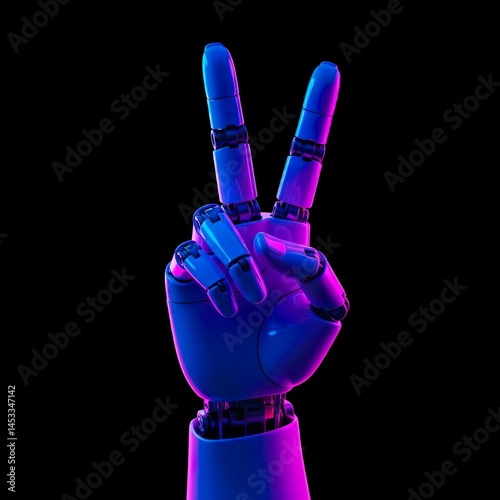Neon hands, a robotic arm made of smooth, shiny metal shows a victory sign.