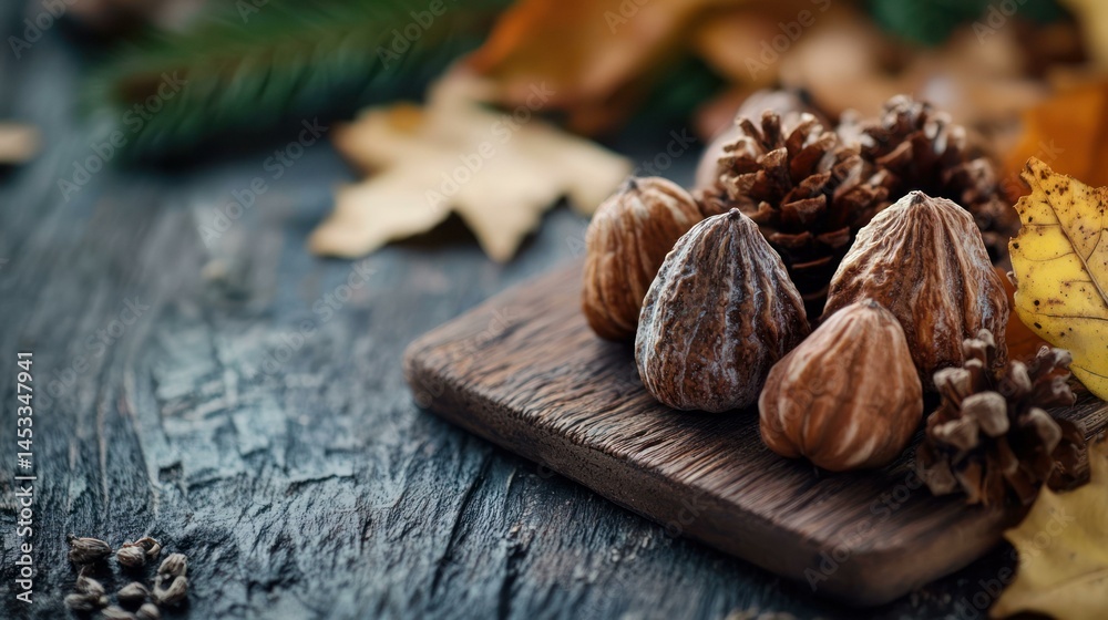 Autumnal still life with nuts, pine cones, and leaves on a rustic boar Autumnal still life with nuts, pine cones, and leaves on a rustic boar
