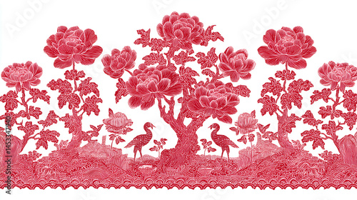 Red Floral Silhouettes with Cranes: Intricate Asian-Inspired Botanical Artwork for Elegant Textiles