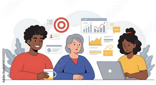 Diverse team collaborating on a project, using data analytics tools together