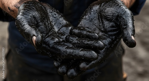 Viscous liquid covers outstretched palms in a display of labor intensity