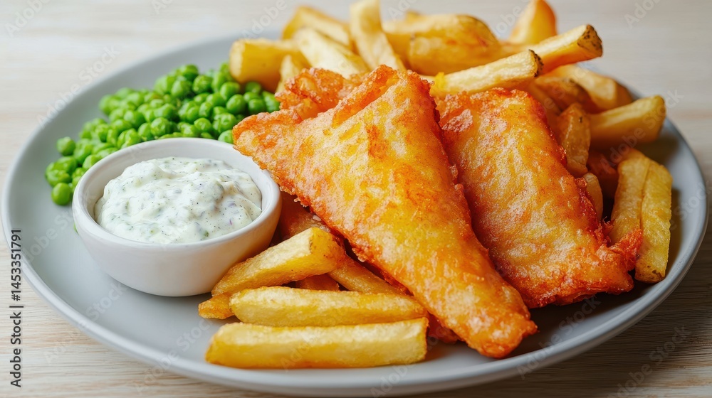 Crispy Fish and Chips with Fresh Peas and Tartar Sauce on Plate Crispy Fish and Chips with Fresh Peas and Tartar Sauce on Plate