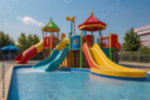 Wallpaper Mural children's slide in swimming pool blur, sunny weather outdoors, no people, children's swimming pool with games, blurred pool background Torontodigital.ca
