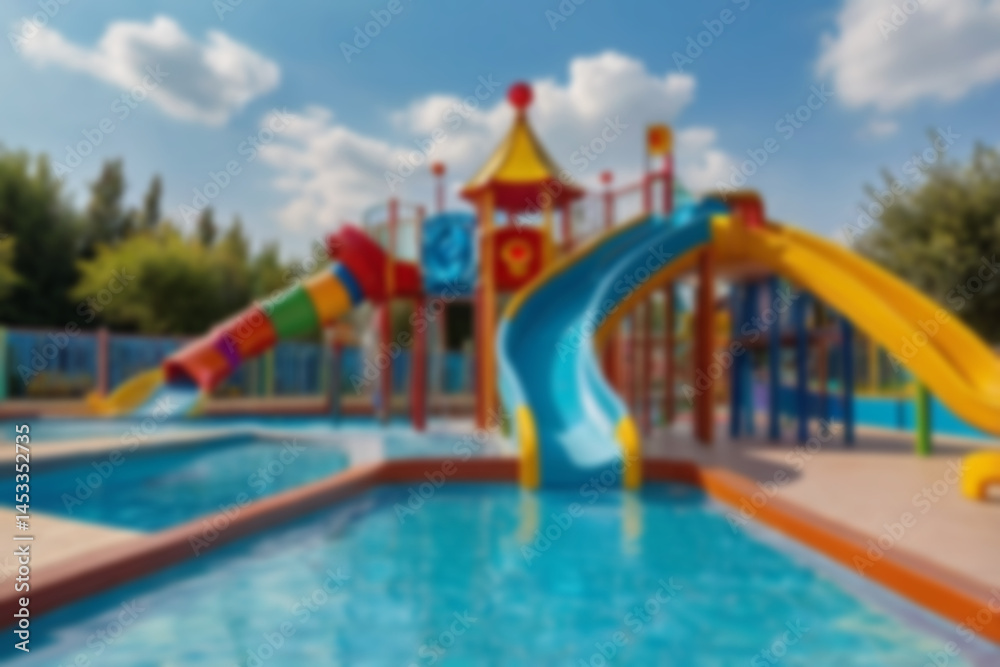 Naklejka premium children's slide in swimming pool blur, sunny weather outdoors, no people, children's swimming pool with games, blurred pool background