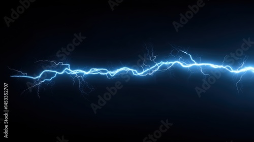 Electric blue lightning bolts with dynamic thunder strikes on dark backdrop, high-voltage energy concept illustration with vivid electric discharge effects and glowing plasma currents, sharp vector de photo