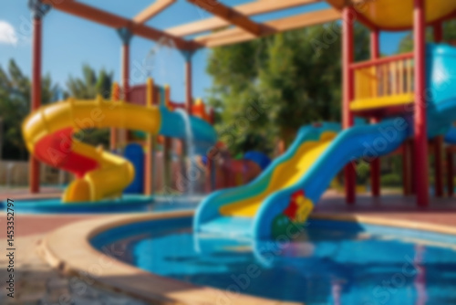 Wallpaper Mural children's slide in swimming pool blur, sunny weather outdoors, no people, children's swimming pool with games, blurred pool background Torontodigital.ca