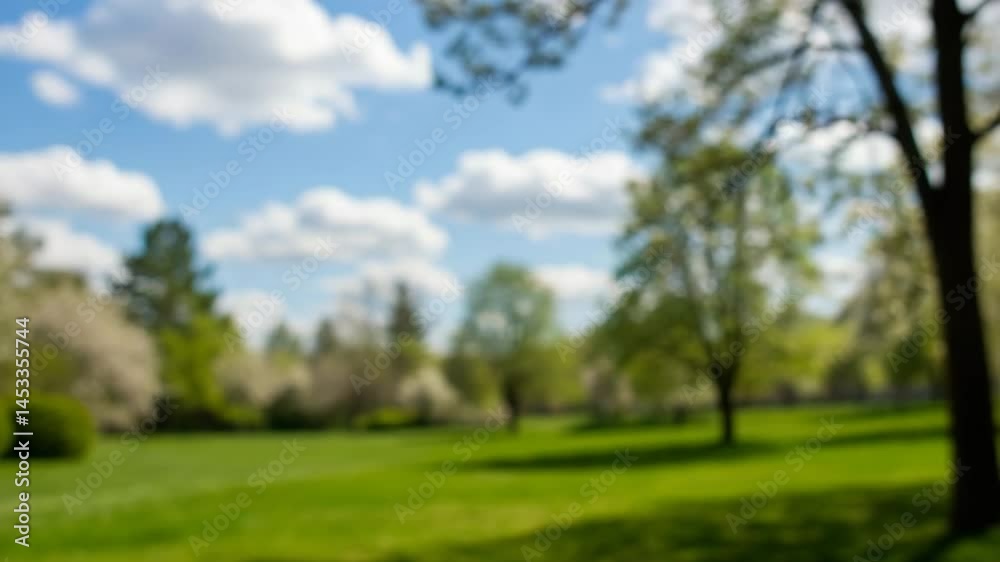 Beautiful blurred background image of spring nature with a neatly trimmed lawn surrounded by trees 
