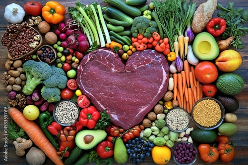 A variety of fresh, vibrant fruits and vegetables on the left side along with raw meat or fish, nuts, seeds, dried herbs like thyme and oregano in small glass bowls, Carrots, carrots, tomatoes