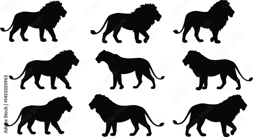Naklejka premium Silhouettes of Lion and Lioness Walking and Standing in Various Poses Vector Illustration for Wildlife and Nature Designs