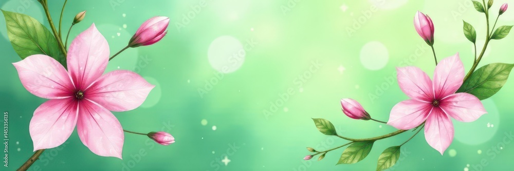 Fototapeta premium Delicate watercolor pink & white blossoms on a vibrant green background A charming floral pattern , spring, delicate