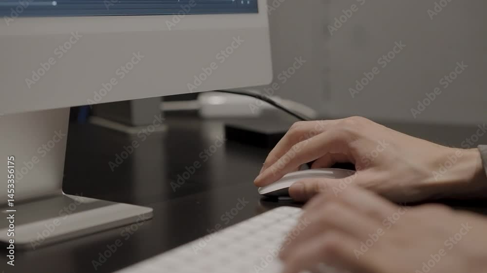 Persona usando el mouse y el teclado de una computadora. Trabajo de oficina, estudiante, actividad digital, entorno de trabajo.