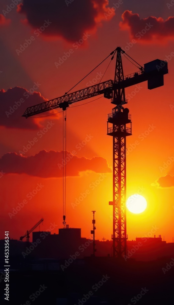Obraz premium Silhouetted crane against fiery sunset, construction site , sunset, shadow, heavy equipment